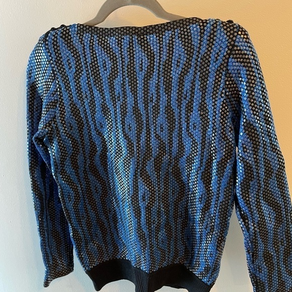 Vtg 80s Glam St. John Knit Sweater Blue Zebra Top Rock Sequin Shiny Retro Print - Picture 15 of 16